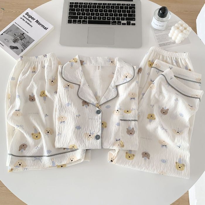 Pantalones cortos de tres piezas pantalones de manga corta verano nuevo estilo caliente dibujos animados casual lindo estilo cardigan pijamas mujeres nubes algodón