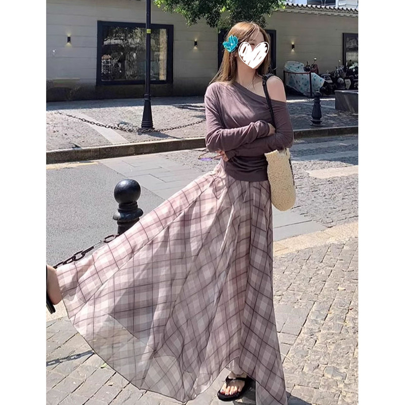 小众复古设计感撞色不规则条纹半身裙长裙女新款高腰a字摆裙穿搭|undefined