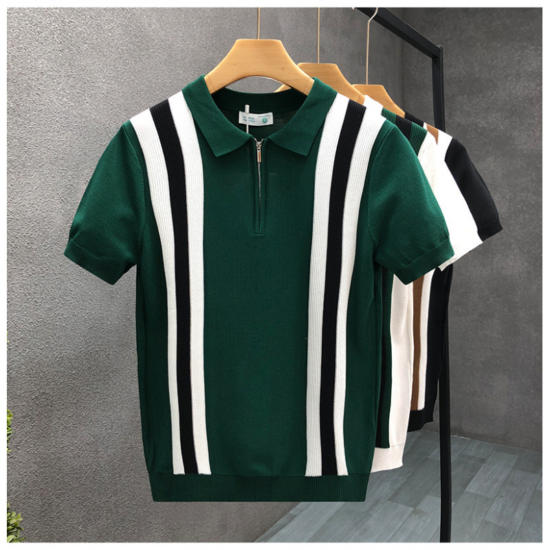 Summer New Style Color-Blocked Striped Knitted Polo Shirt for Men, Loose Casual Business Lapel Short-Sleeved Knitted T-Shirt for Men