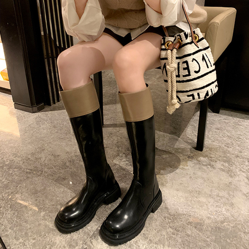 牛皮版~葡萄妈同款2025冬新款拼色圆头厚底骑士靴后拉链高筒靴女|undefined