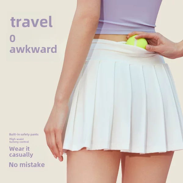 Fake Two-Piece Pleated Sports Skirt Women's Anti-Lopped Rear Pocket High Waist Slim Look Casual Outer Wear Badminton Tennis Skirt