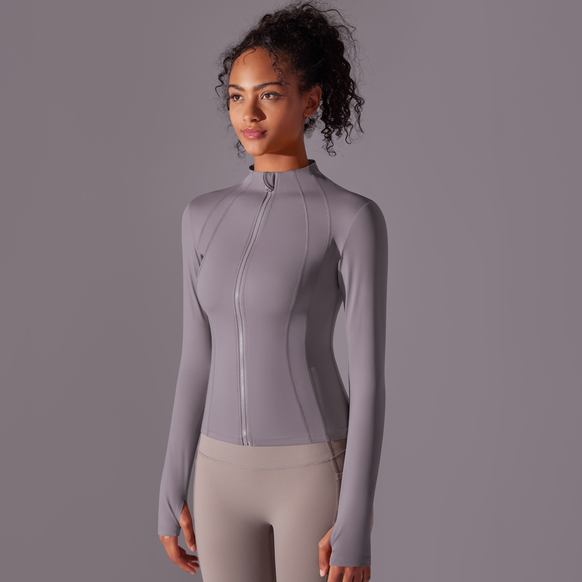 Nuevo color sólido apertado de collar cremallera chaqueta de manga larga abrasión deportiva correr fitness chaqueta de yoga larga mujer image 2