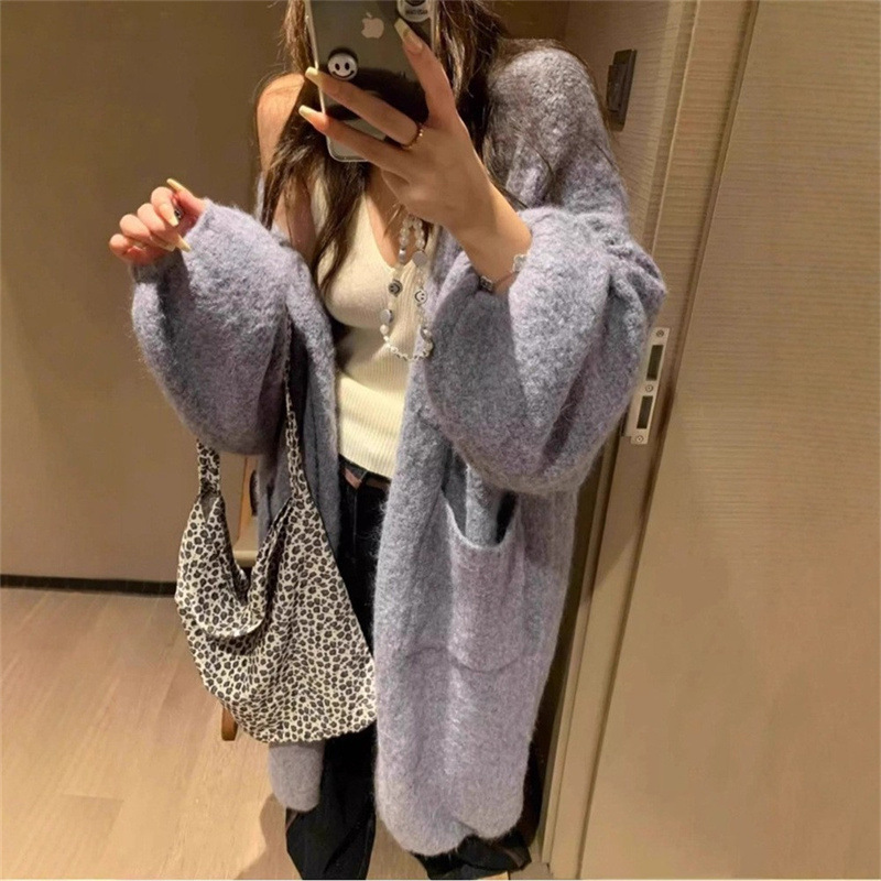 慵懒风软糯中长款灰色毛衣外套女2025秋冬外搭高级感宽松针织开衫|undefined