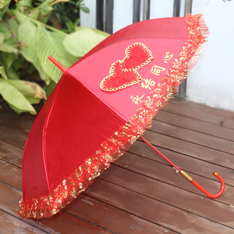 Long handle bright red bridal wedding umbrella lace edge forever heart-to-heart welcome back home wedding umbrella printable advertising LOGO