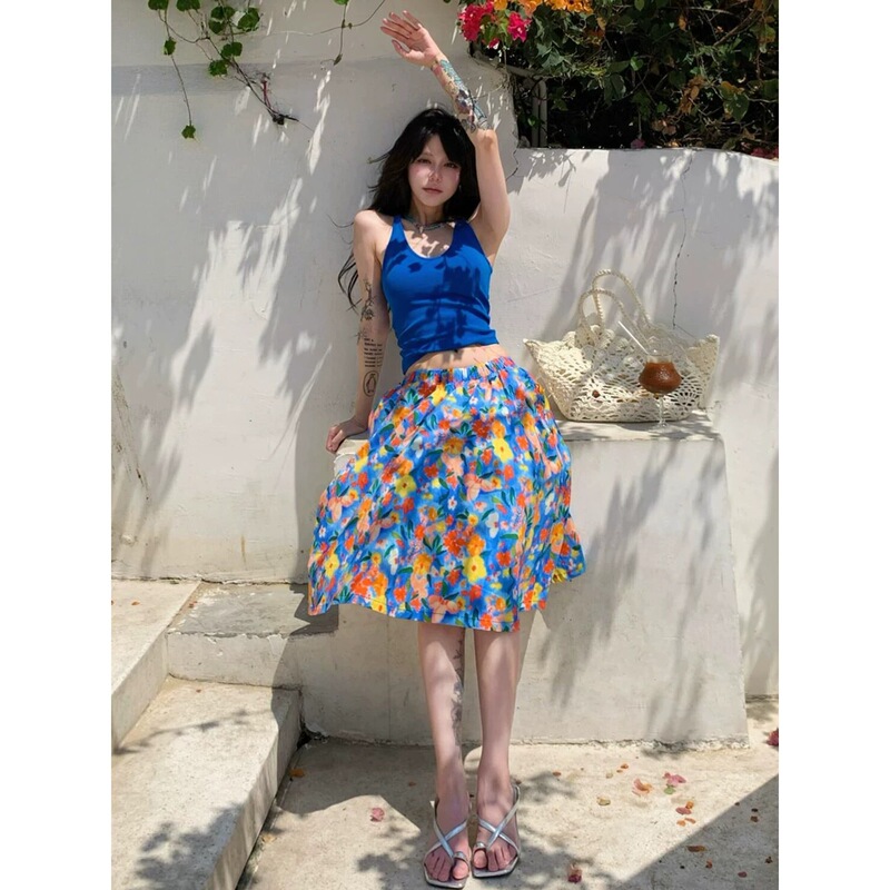 Dopamine Style Dress for Women, New Summer Blue Camisole with Floral Print Half Skirt, Vacation Two-Piece Set Dopamine Style Dress for Women, New Summer Blue Camisole with Floral Print Half Skirt, Vacation Two-Piece Set