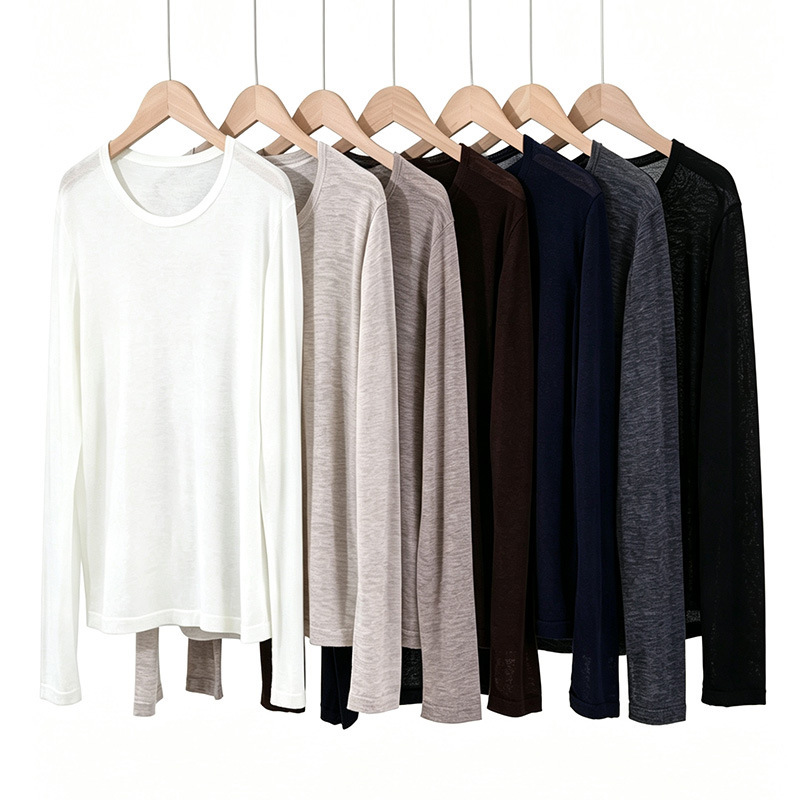 Autumn 100% Merino water-soluble fine wool round-neck long-sleeve thin base shirt for women, slim-fit inner top Autumn 100% Merino water-soluble fine wool round-neck long-sleeve thin base shirt for women, slim-fit inner top