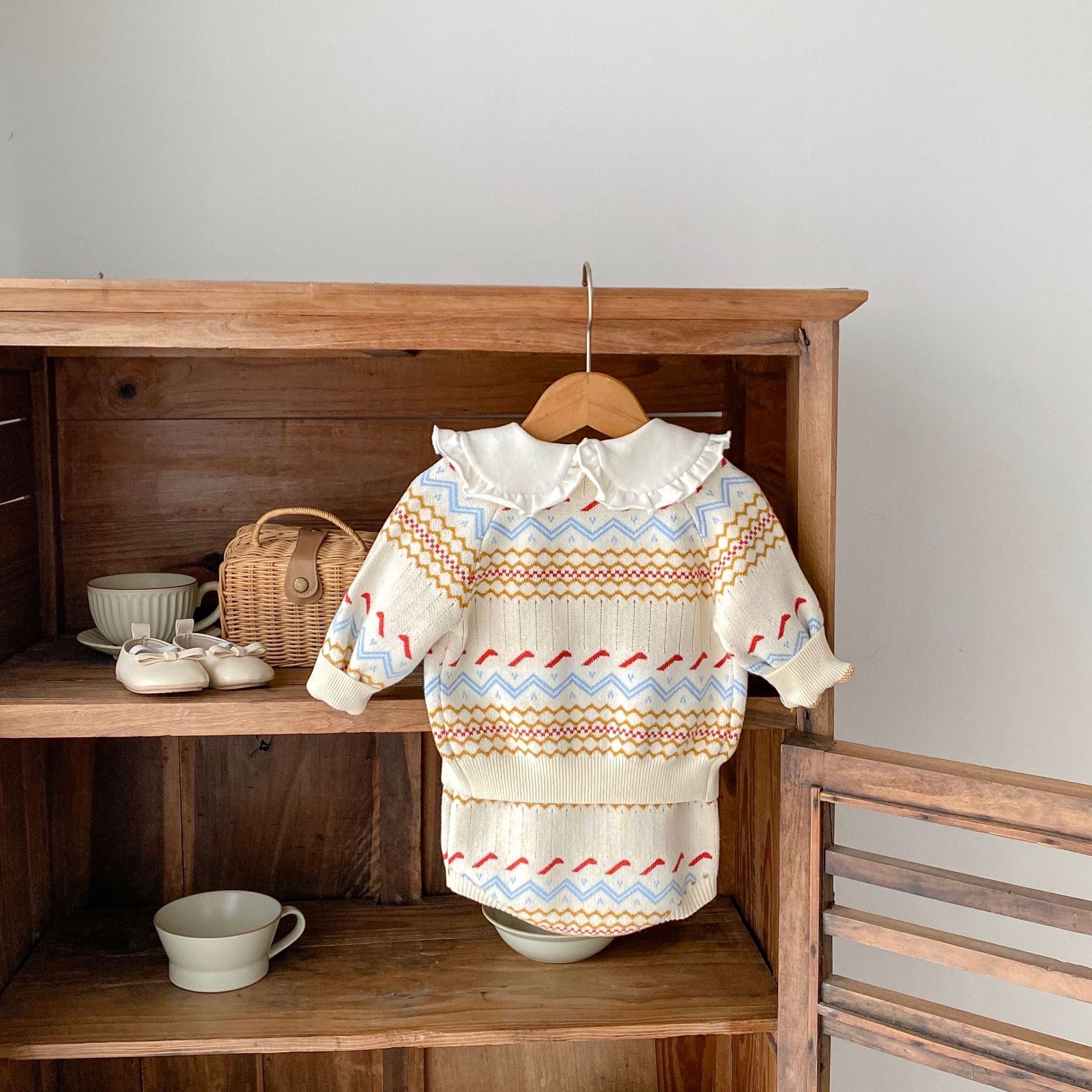 2024 őszi új unisex jacquard kötött szett fiúknak, lányoknak, babáknak, hosszú ujjú kardigán és khaki színben külön-külön_voghion.com