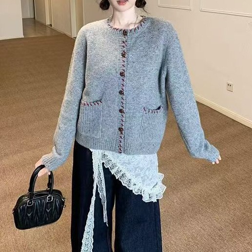 秋冬新款撞色圆领毛衣开衫外套宽松百搭慵懒风减龄针织衫上衣潮|undefined