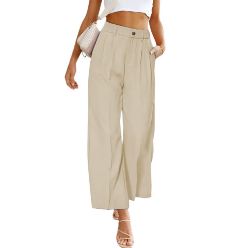 2023 spring and summer new style European and American cross-border women's casual wide-leg formal pants high-waist button trousers with pockets