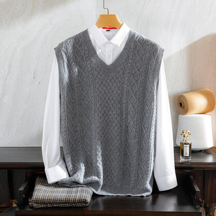 7-pin Double Thick Jacquard Pure Cashmere Vest Men's V-neck Knitted Waistcoat Business Casual Inner Vest