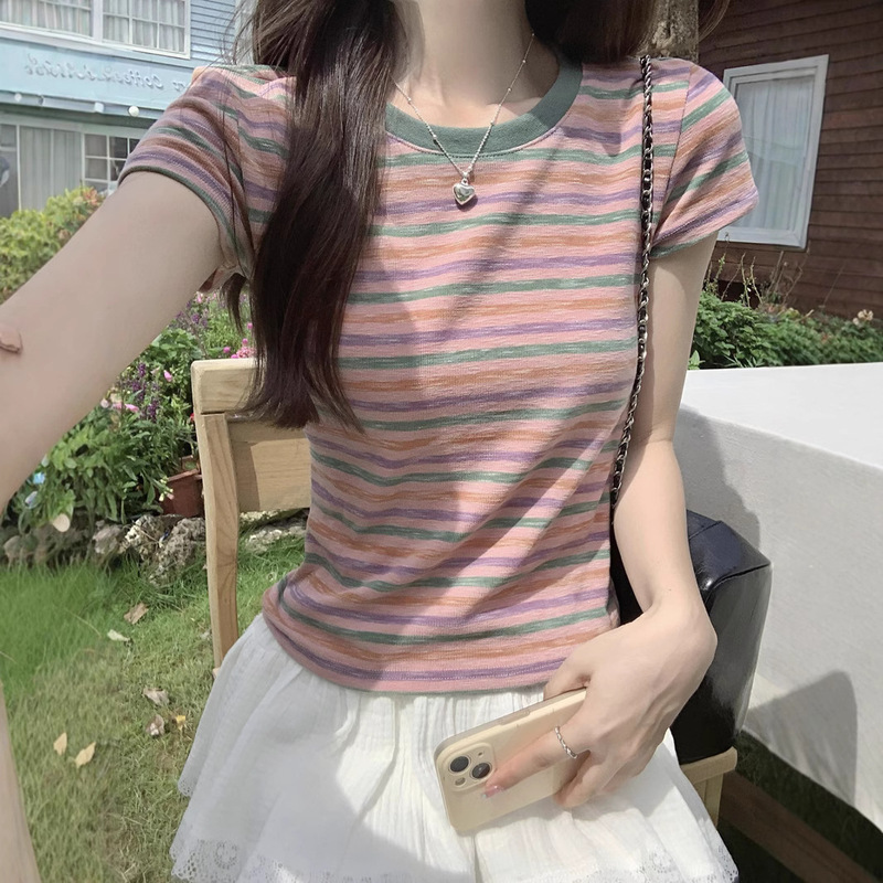 Popular Rainbow Stripesd Right Shoulder Short-Sleeved T-Shirt for Women Summer New Contrast Color Round Neck Versatile Bm Style Top for Small People Popular Rainbow Stripesd Right Shoulder Short-Sleeved T-Shirt for Women Summer New Contrast Color Round Neck Versatile Bm Style Top for Small People