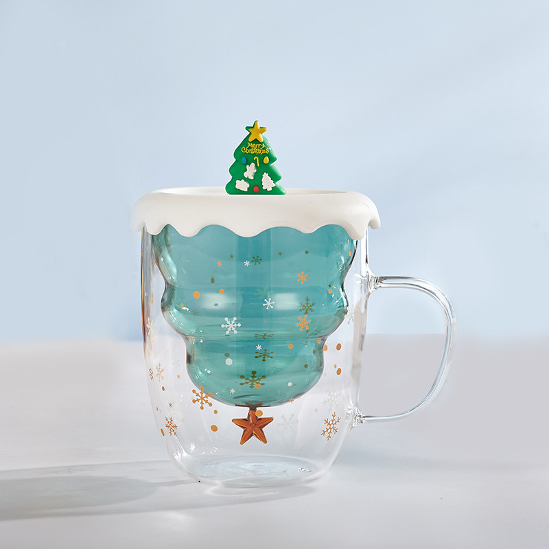 Copa de Navidad de vidrio Taza Linda Taza de regalo de Año Nuevo creativo Taza taza de bebida doméstica de doble capa con tapa