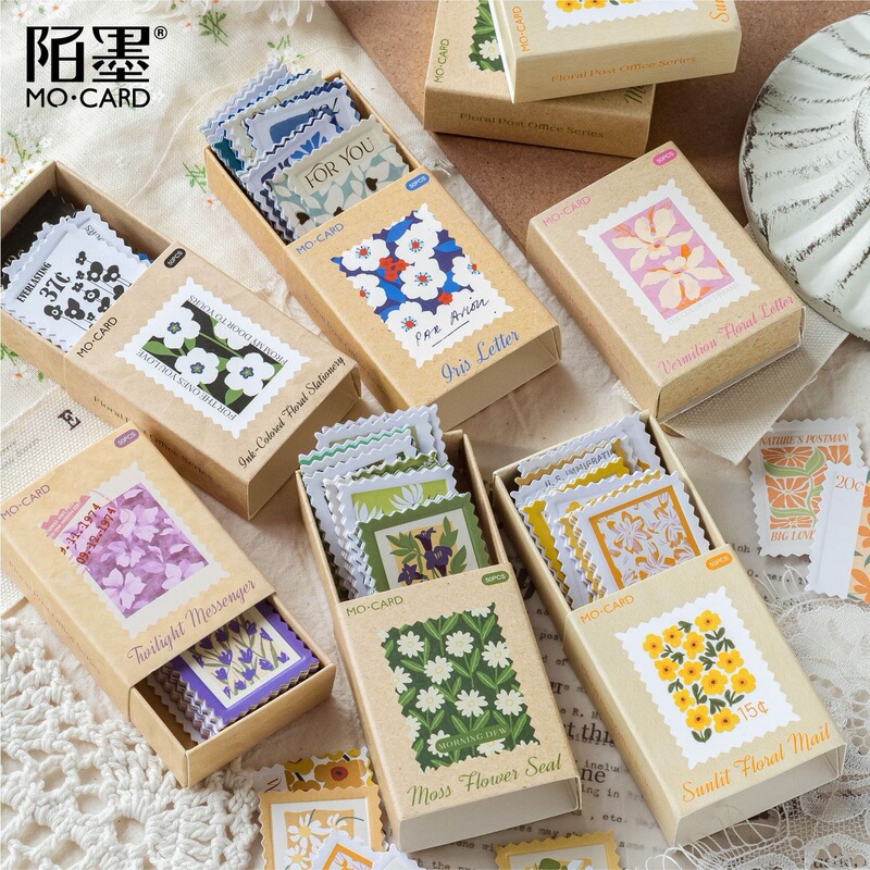 Momo Copperplate Paper Embossed Matchbox Stamp Stickers, Fresh Flower Post Office Series Vintage Materials, 6 Types Momo Copperplate Paper Embossed Matchbox Stamp Stickers, Fresh Flower Post Office Series Vintage Materials, 6 Types