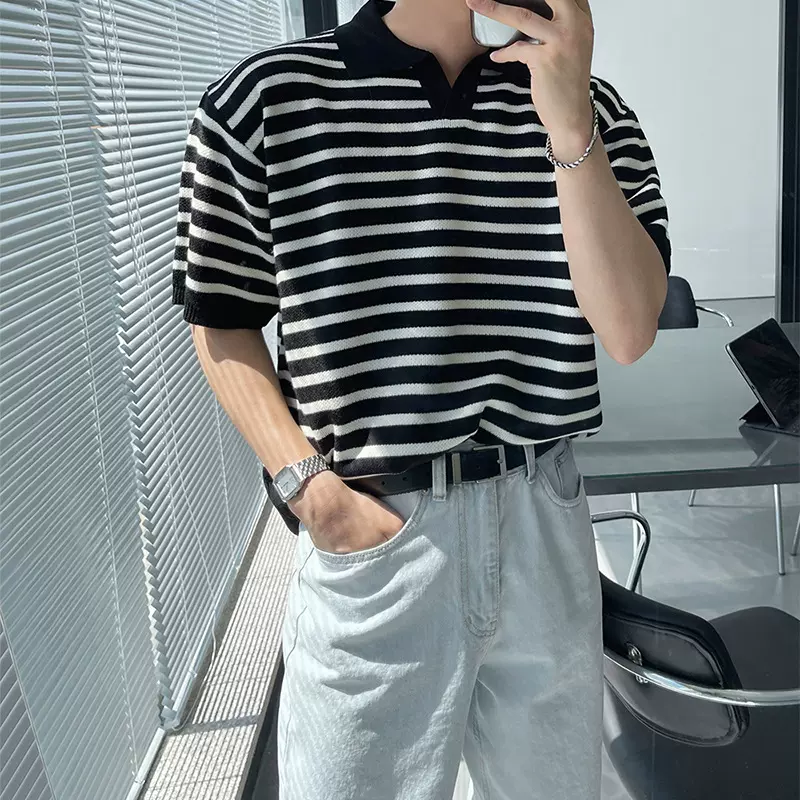 polo衫短袖男2024新款韩版潮流半袖上衣休闲百搭条纹针织衫体恤