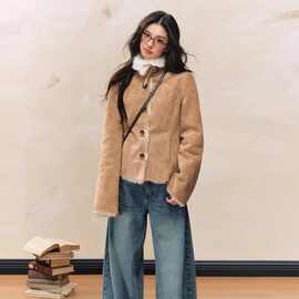 卡其色复古毛绒外套女2024年冬季新款皮毛一体高级感加绒加厚棉服