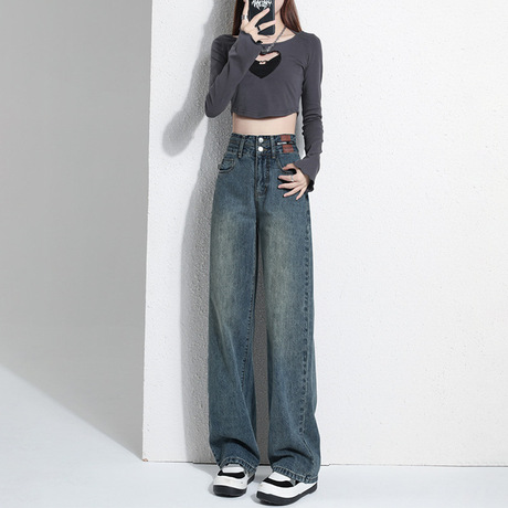 复古阔腿牛仔裤女2025新款爆款春季小个子窄版春秋直筒拖地裤长裤