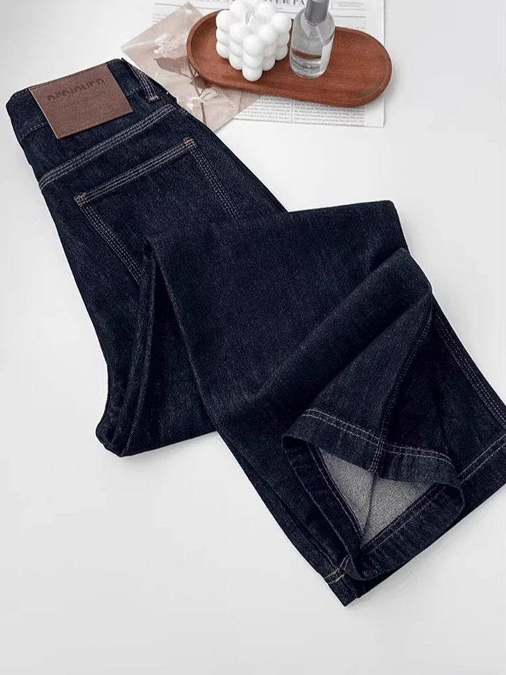 Quần jean nữ ống đứng cạp cao dáng suông ống rộng, chất denim dày, có bản lót lông cừu — Denim Blue-Small (dưới 158cm), Ningdan màu xanh kéo dài (trên 164cm), Quần denim màu xanh (dưới 163), Ning Dan Blue Extended (Lót lông cừu, cao 164cm+)