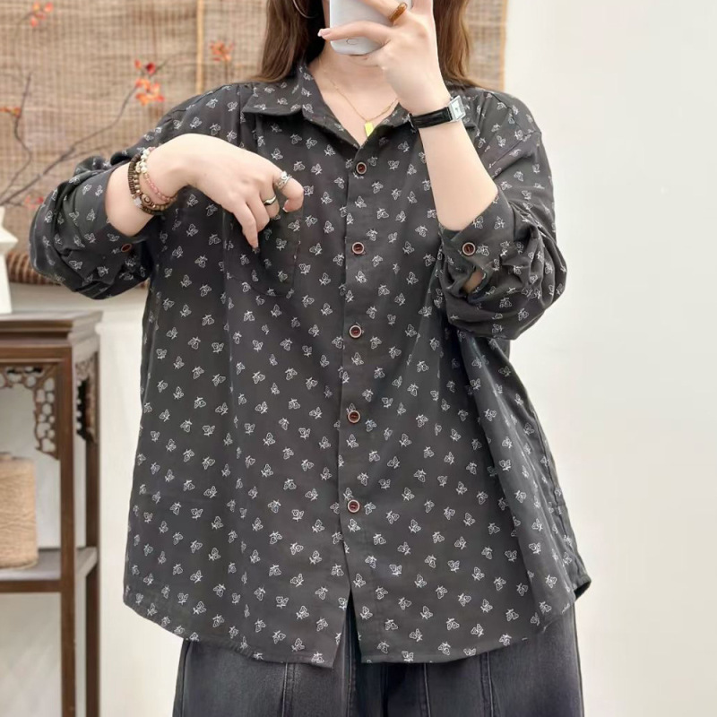 春秋新款韩版宽松休闲百搭文艺印花双层棉纱长袖衬衫女上衣衬衣|undefined