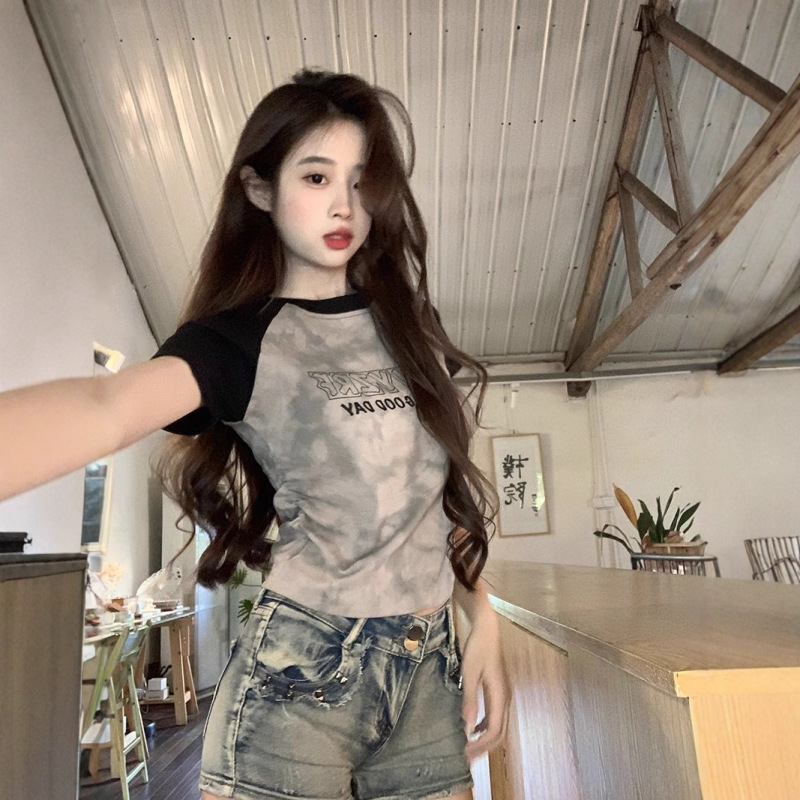 13ライン高品質タイダイラグランスリーブTシャツレディース半袖夏右肩ショートファッションヨーロッパトップス|undefined