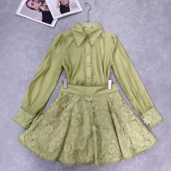 ヨーロッパファッション高級感長袖シャツ刺繍レース花デザインa字蓬蓬半身スカートセット