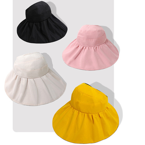 New Black Vinyl Flat Brim Sun Hat for Girls, Summer Wide Brim Sun Shield Hat, Foldable Fisherman Hat, Wholesale for Spring and Summer