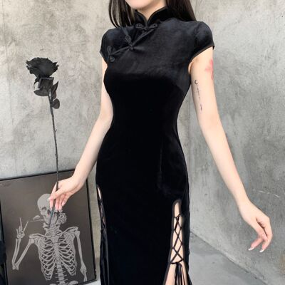 Retro black velvet qipao cheongsam female ins autumn and winter girl slit temperament slim chinese dress 