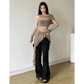 法式复古辣妹风网纱无袖背心T恤女秋季不规则修身显瘦中长款上衣