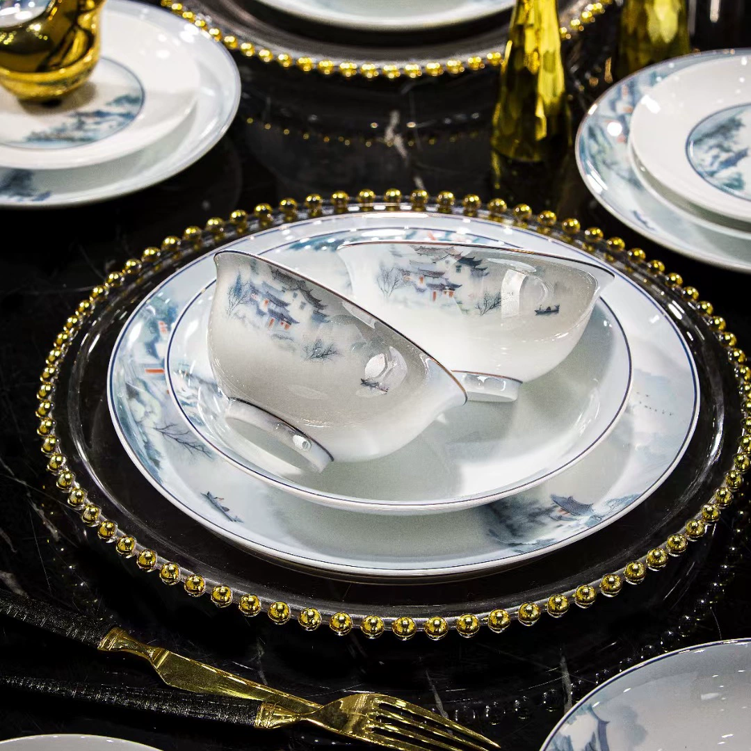 Белая высокая порцелана здоровый набор посуды Jingdezhen краска-рисунок инь-ландшафт Jiangnan водный город миска набор блюд чайник подарок на новоселье