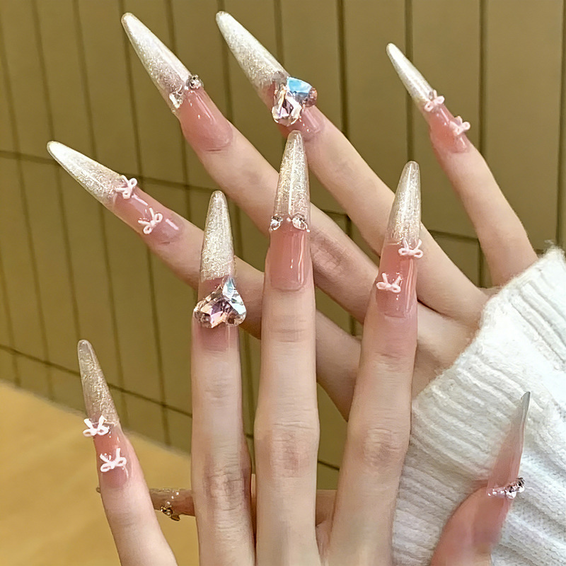 Exquisite and Gorgeous Wearable Nails, High-End Long Golden Cat-Eye Bow Love Handmade Wearable Nails