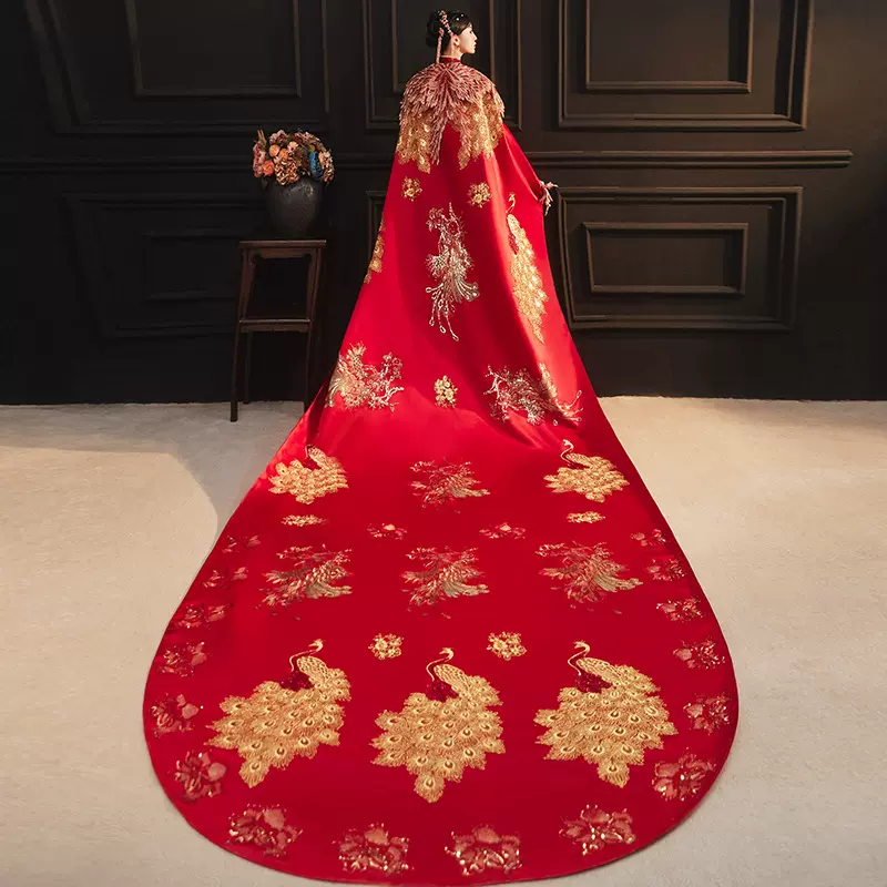 秀禾服披风8160新款新娘结婚中式婚礼长拖尾凤冠霞帔大披风长斗篷