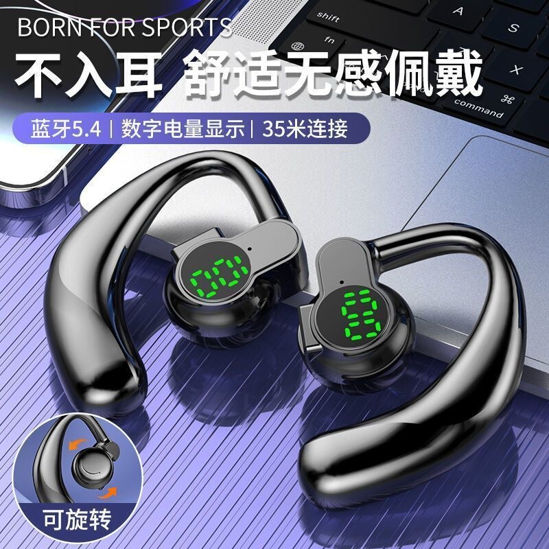 New Model of Wireless Business and Sports Bluetooth Earphones with Rotating Digital Display Screen for Left and Right Ears, Non-In-Ear Air Conduction Design