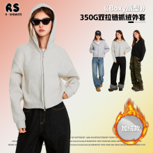 RS男装|跨境cleanfit潮牌350G短宽卫衣加厚抓绒双拉链连帽外套女