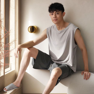 Summer New Men's Pajamas Set Thin Solid Color Round Neck Loose Short-Sleeved Shorts Casual Simple Home Clothes