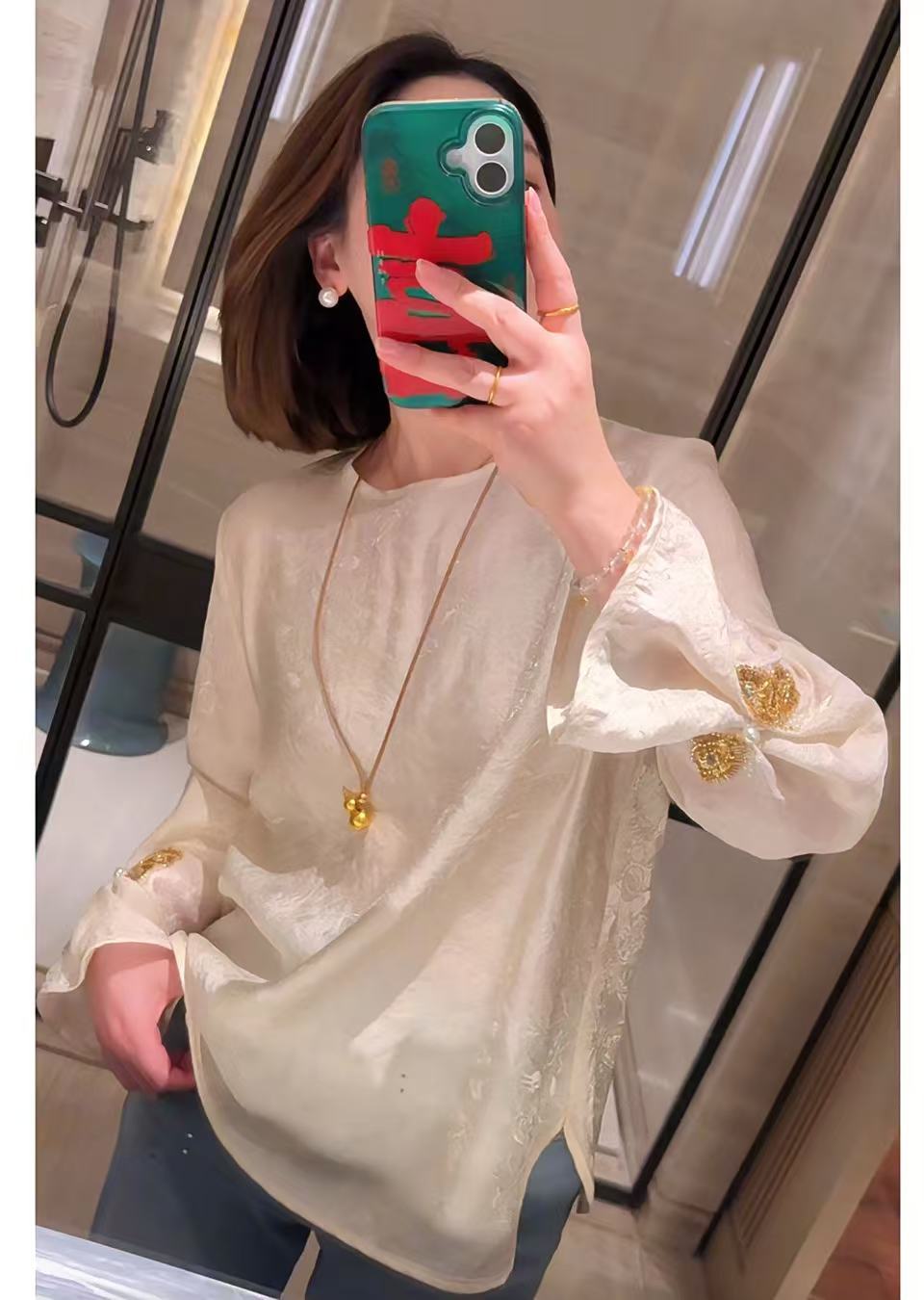 New Chinese Style Women's Clothing Fragrant Cloud Yarn Floating Brocade Jacquard Cuffs Beaded Shirt Versatile Top Shirt Bottoming Shirt_voghion.com