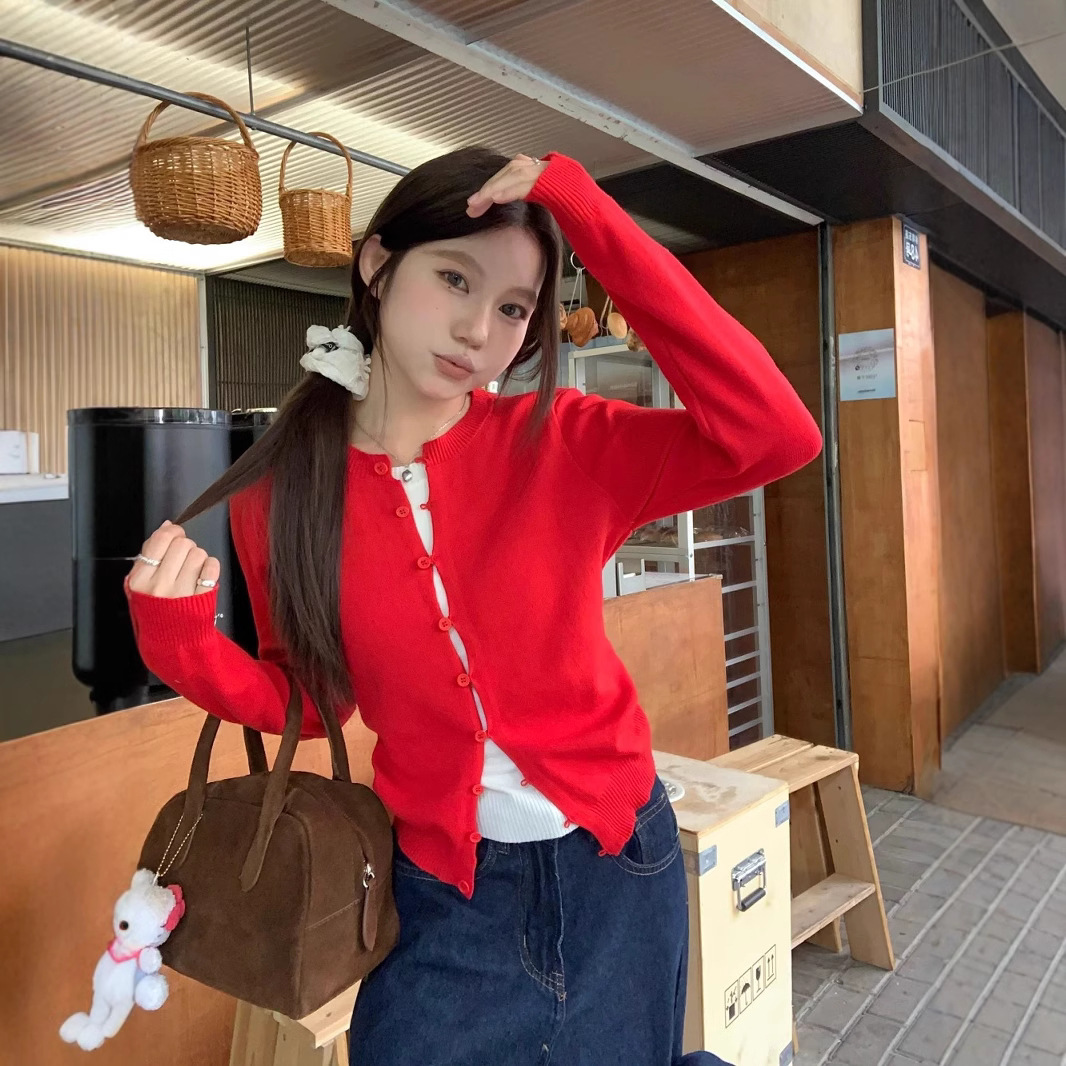 Red Crewneck Pullover Contrast Color Fake Two-piece Knitted Cardigan Korean New Slim-fit Slimming Short Long-sleeved Top for Women