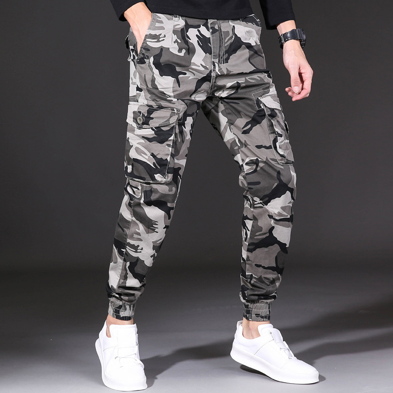 2021 Camouflage Crowd Pants Men's Fashionable Brand Bundled Foot Military Elastic Pants Men's Korean-style Fashionable Multi-bag Men's Casual Pants