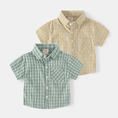 Children's Fresh Small Grid Shirt 2023 Summer Boys Short Sleeve Blouse Baby Casual Top Korean Style Children's Fashion