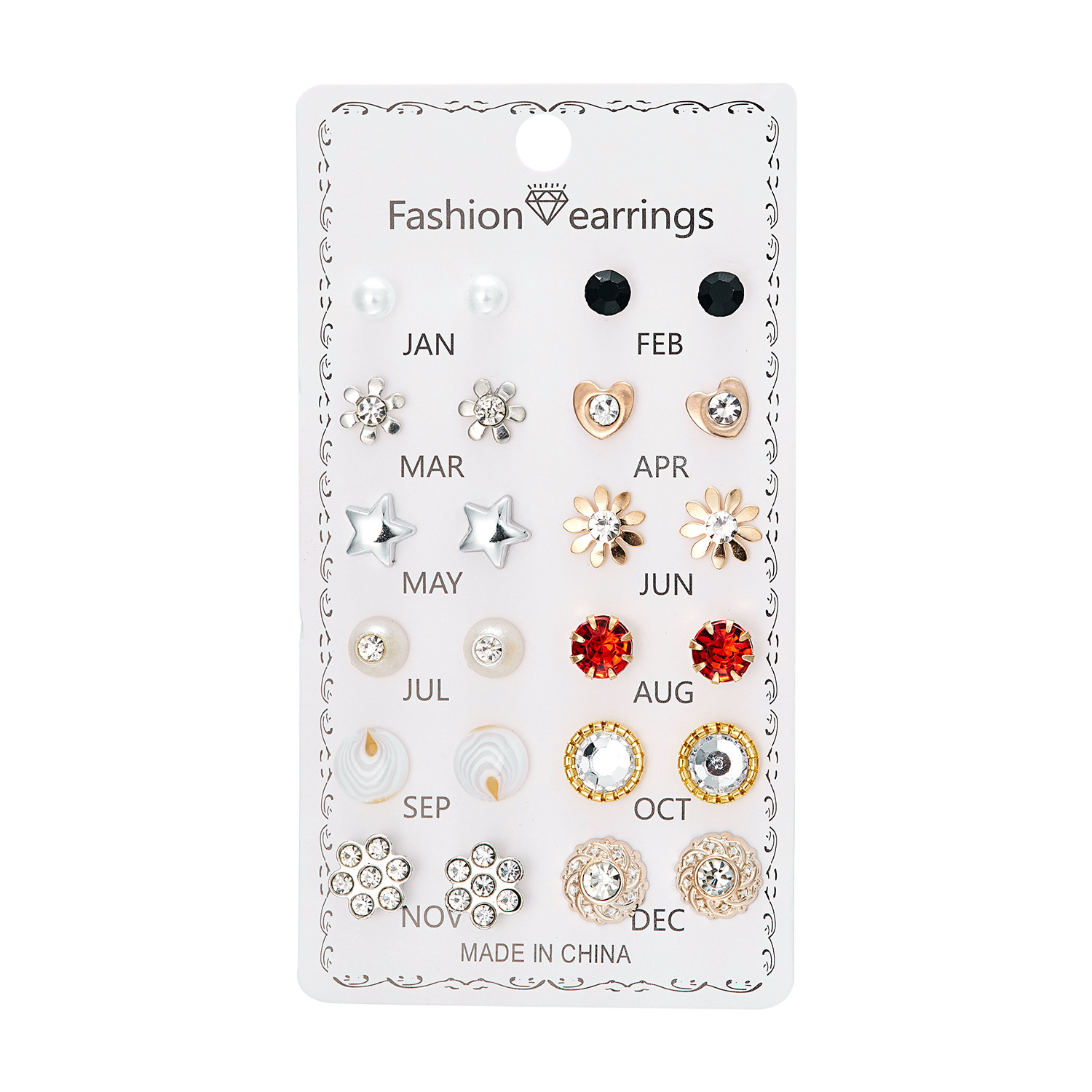 Set de 12 pares de aretes con flores de diamante