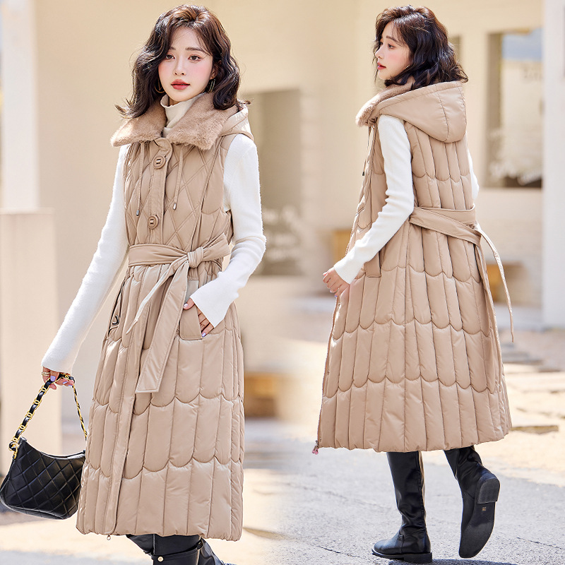 Chaleco de algodón largo y medio, chaleco de mujer, chaleco de otoño y invierno 2024 nuevo chaleco de moda sin mangas, hombro delgado, moda