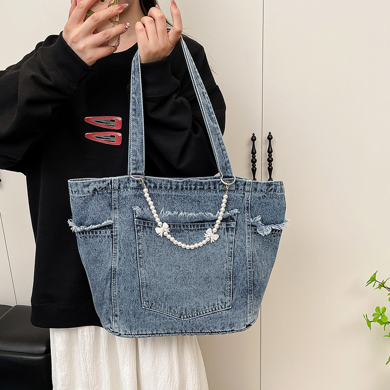 Korean Retro Washed Denim Tote Bag For Women, Large Capacity Casual Shoulder Underarm Bag, Lazy Style Commuter Handbag - Thumbnail 7