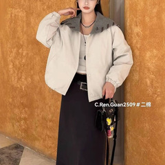 韩版拼接翻领长袖短外套女2025秋季新款宽松显瘦百搭洋气夹棉上衣