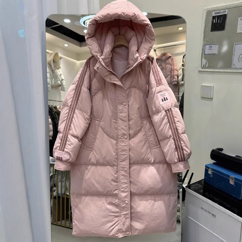 2025 Winter New Women's Hooded Long down Jacket Over-The-Knee Sporty Striped Three-Tree Thickened Loose Duck down Coat