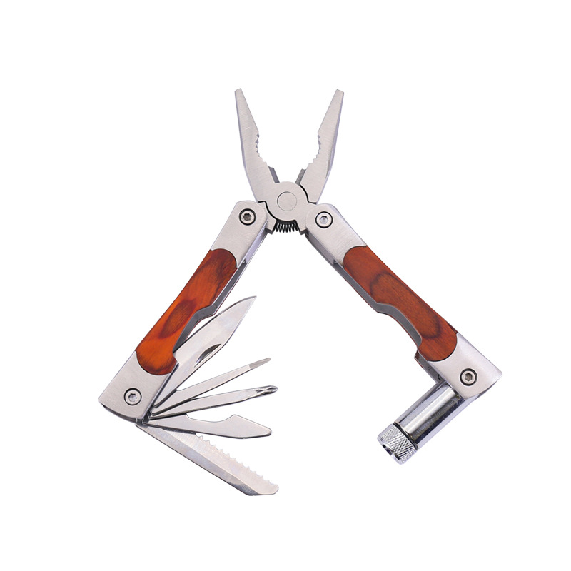 不锈钢多功能刀钳 彩木柄LED灯钳 户外家用车载五金带灯工具