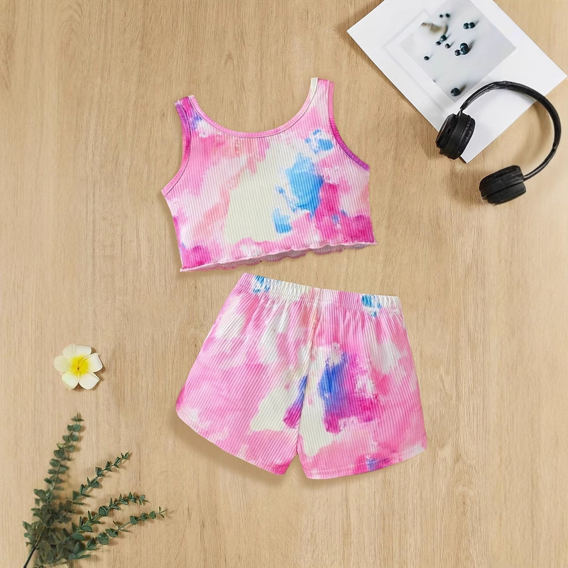 Cross-border foreign trade INS girls summer suit sports leisure tie-dye full print shorts vest suit suitable for 1-8