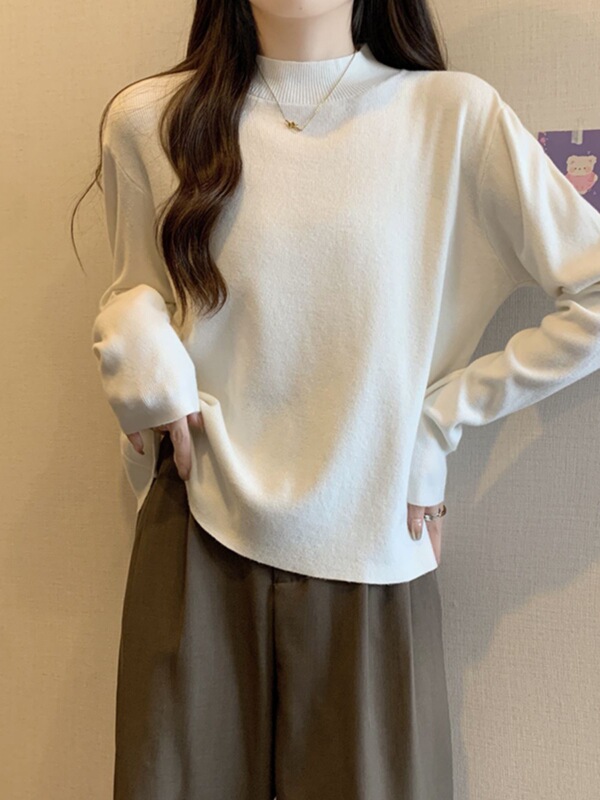 Half Turtleneck White Knitted Bottoming Shirt for Women in Spring and Autum Large Size Fat Loose Cover-Up Style Inner Long-Sleeved Top