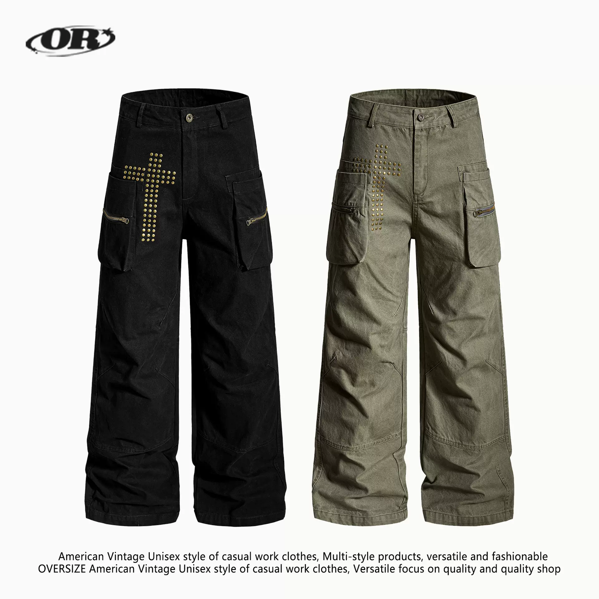 OREETA丨复古直筒工装裤男女可穿铆钉金属装饰美式潮牌阔腿休闲裤