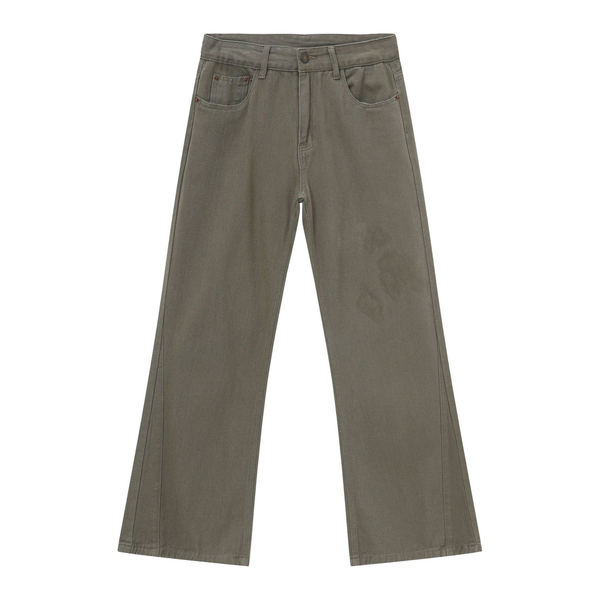 Jeans da uomo a zampa in misto cotone lavato, silhouette vintage anni '70, gamba dritta e rilassata, leggermente svasati, color kaki, nero, oliva, taglie S-XL_voghion.com