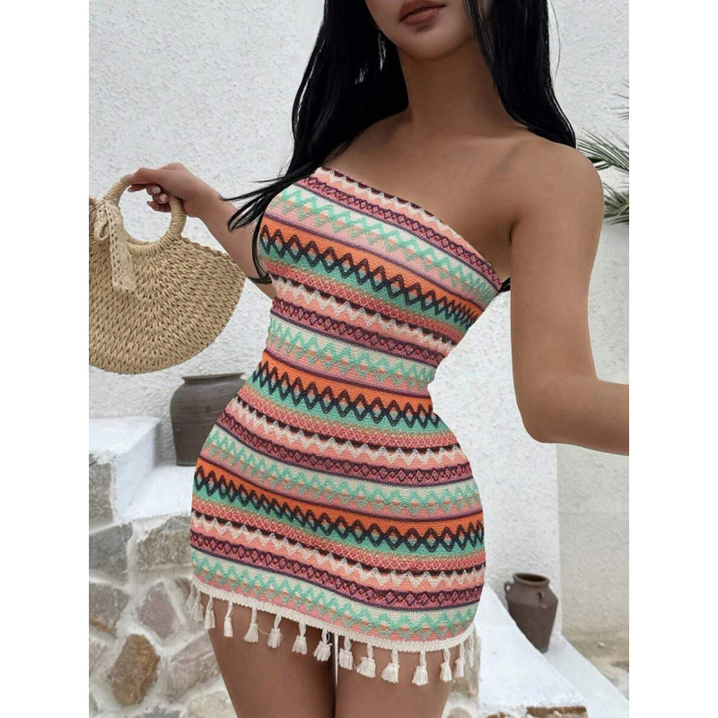 D 11894 comercio exterior transfronterizo tela de textura sexy sin cinturón de hombro vestido de costura de borda