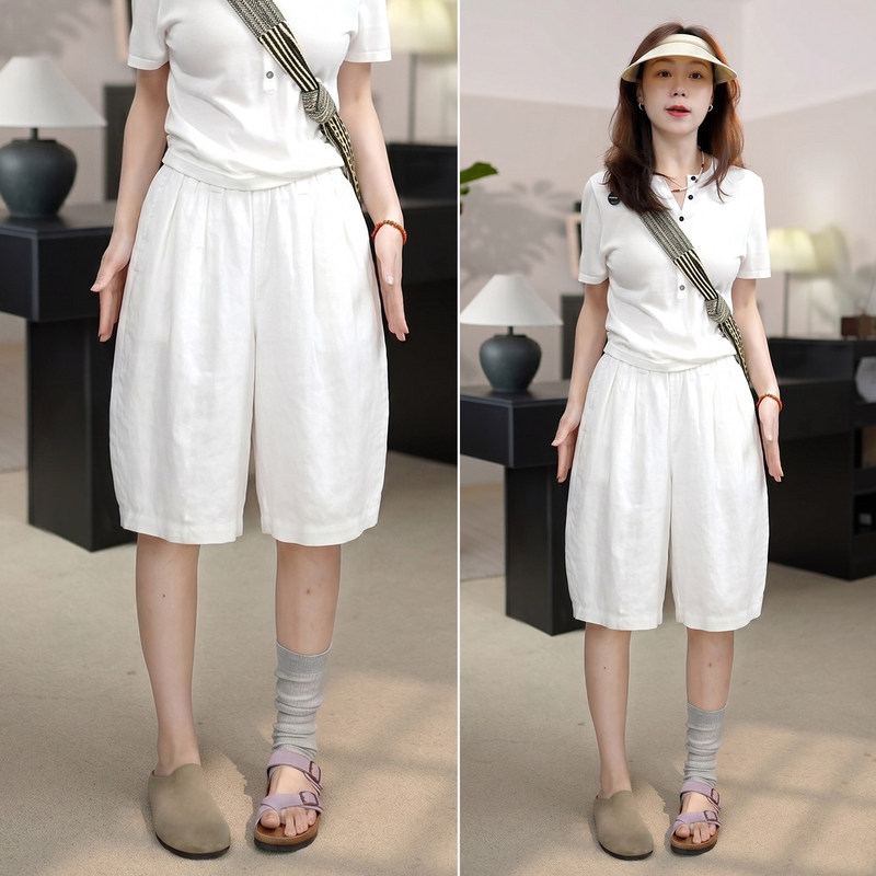 Cream-Colored Floral Five-Point Shorts for Women, 2026 Summer Elastic Waist Five-Point Wide-Leg Pants, Straight Casual A-Line Shorts