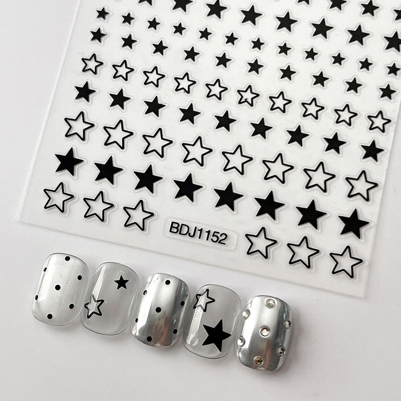 Hollow Five-Pointed Star Nail Art Stickers Japanese Black and White Gold and Silver Star Stickers Ins Style Sweet and Cool Sexy Nail Stickers